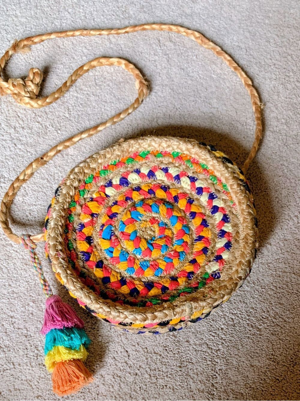 Round Boho Braided Multicolor Crossbody Bag with Tassel